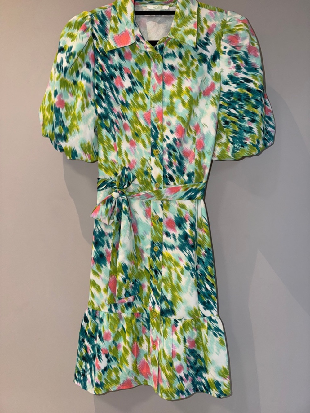 Jade Short Button-Front Mini Dress in Green, Pink & Blue